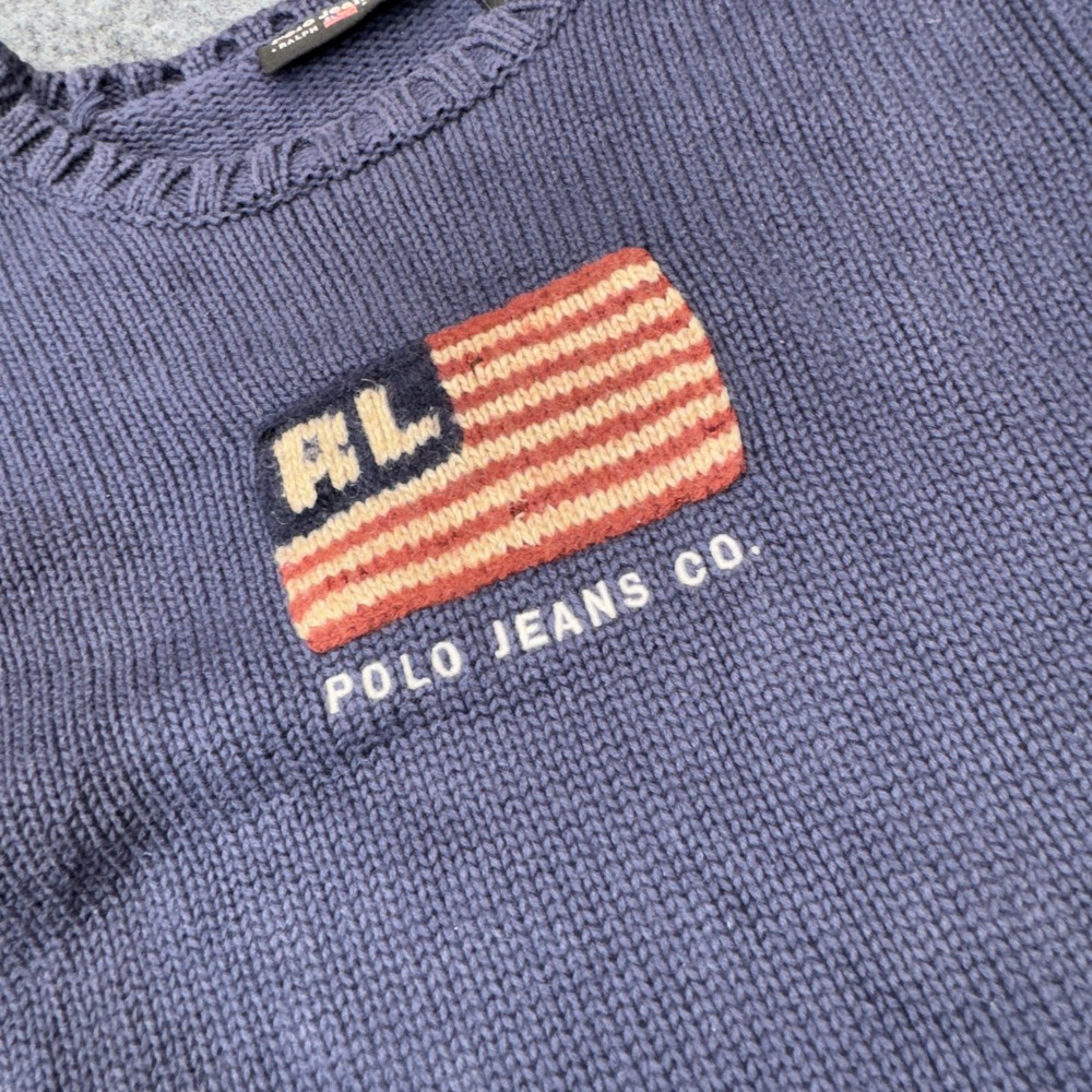 Vintage Polo Jeans Co Ralph Lauren Sweater Womens Small Blue USA Flag Knit Y2K